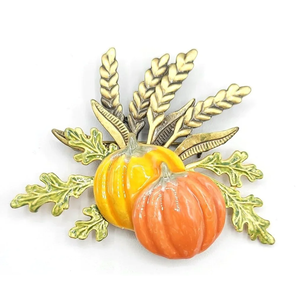 Kenneth Cole Pumpkin Leaves Orange Yellow Green Enamel Brooch, Signed